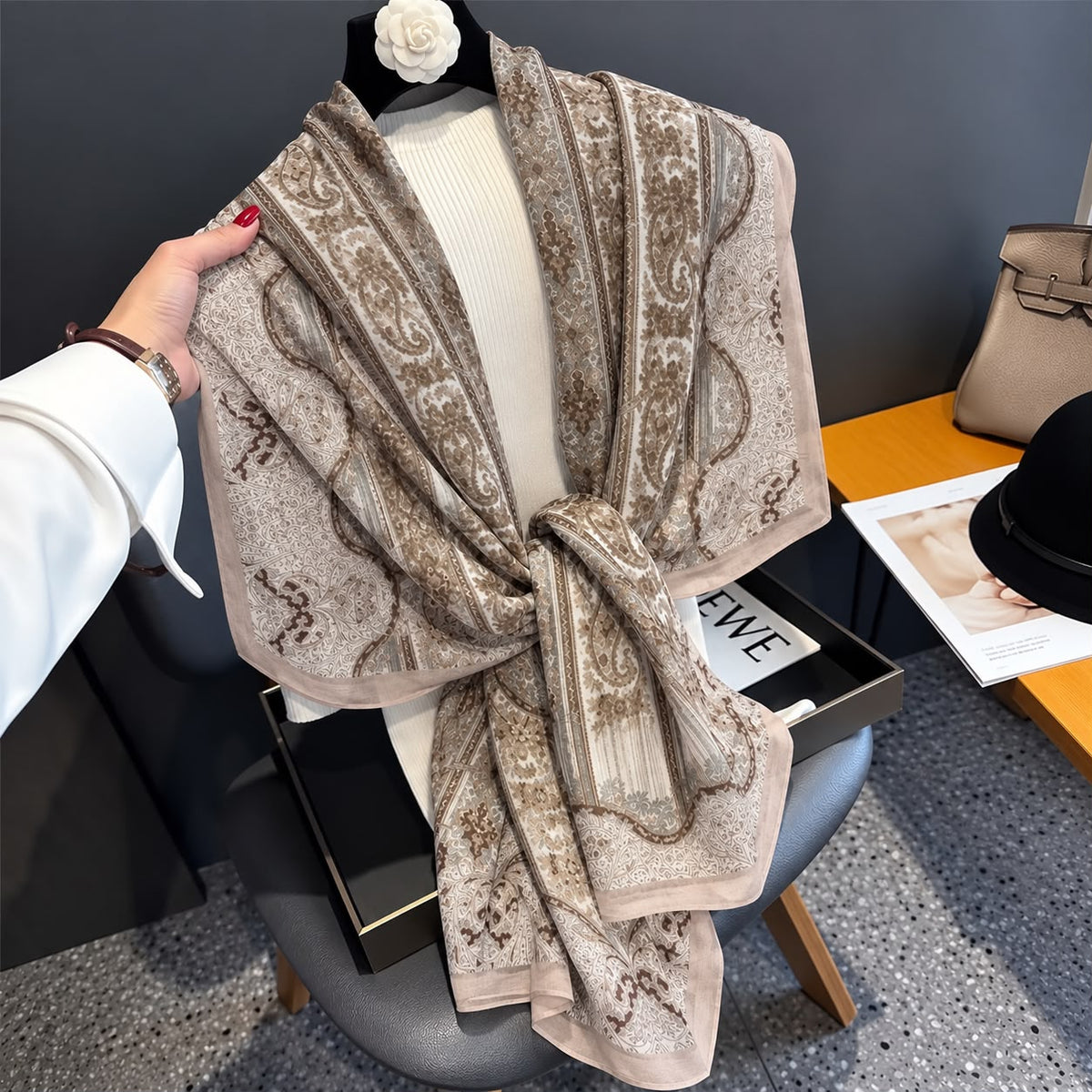 Nude Brown Artistic Printed Viscose Scarf