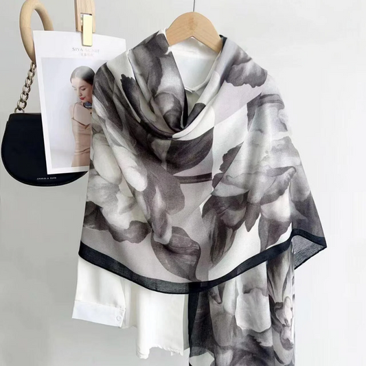 Black Floral Bloom Printed Viscose Scarf