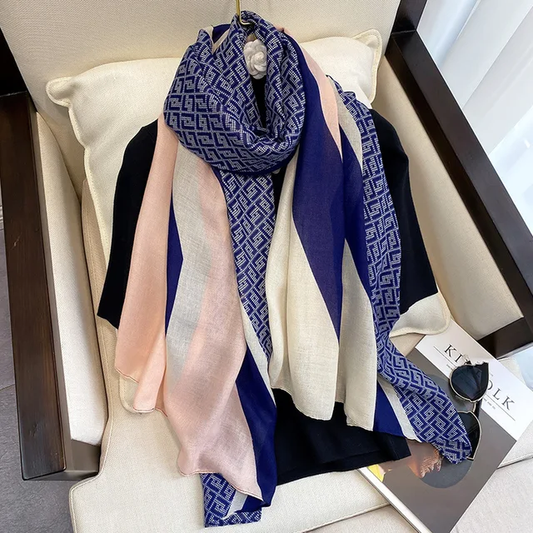 Blue Pink Check Brand Print Viscose Scarf