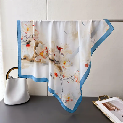 Blue Petal Bloom Print Silk Square Scarves 70 CM
