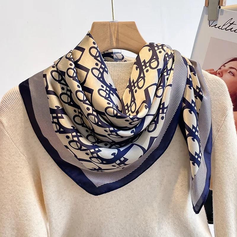 D White & Blue Elegant Printed silk Scarf