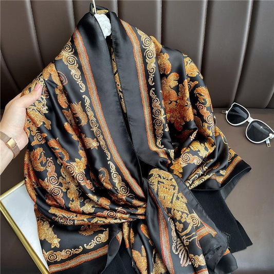 Black Gold Phoenix Printed Silk Scarf