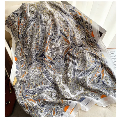 White Blue Mehendi Printed Silk Scarf