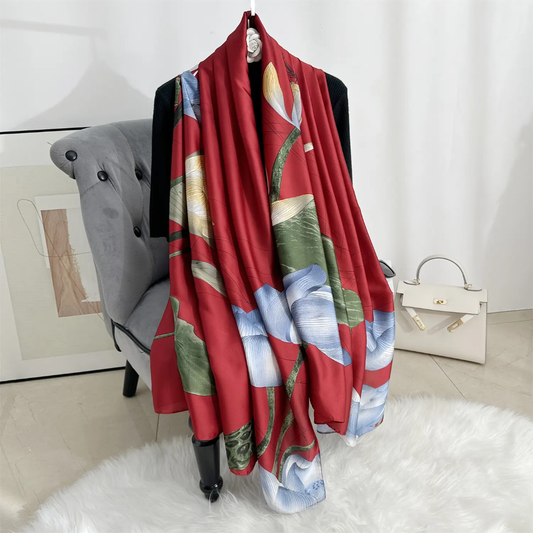 Blooming Lotus Maroon Silk Scarf
