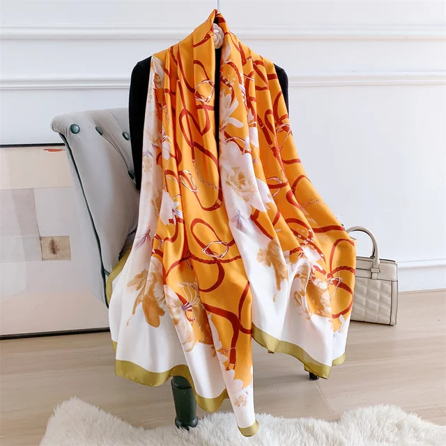 Orange Silk Chiffon Scarf with Daisy Print - Daisy Printed Silk Chiffon Scarf - selling Floral Silk Scarf - AS2022-68