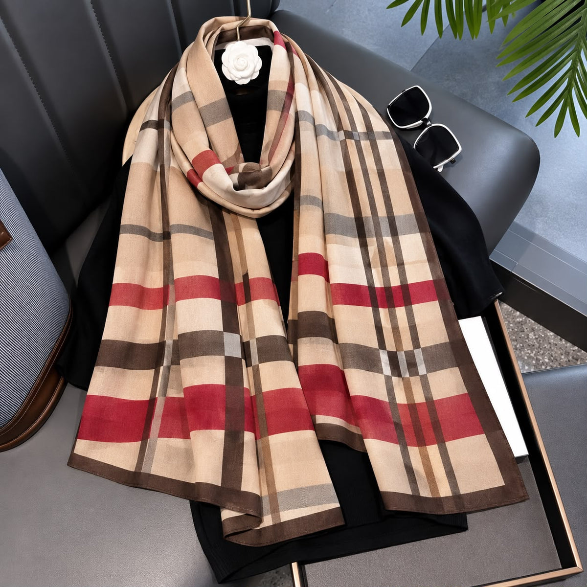 Beige Check Printed Viscose Scarf