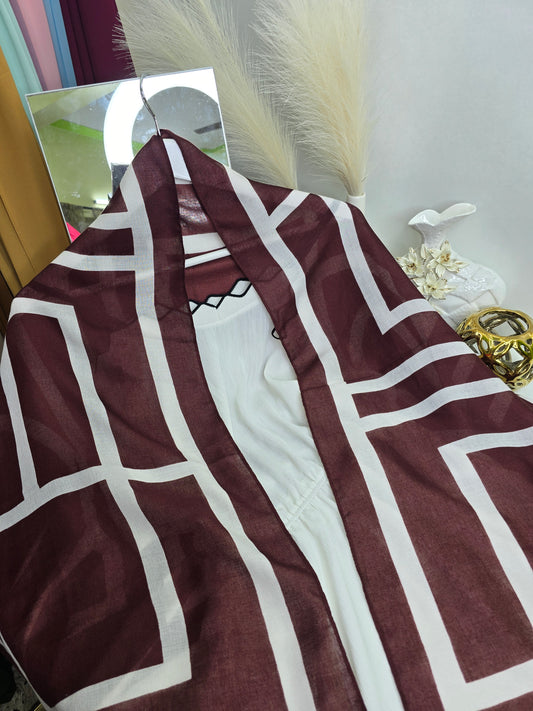 Maroon White Stripes Printed Viscose Scarf