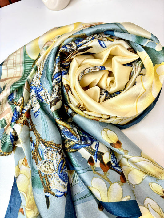 Blue Orchid Bloom Printed Silk Scarf