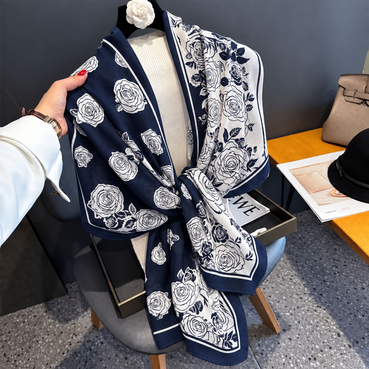 Navy Blue Rose Whisper Printed Viscose Scarf