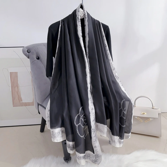 Faded Black Blume Printed Silk Scarf