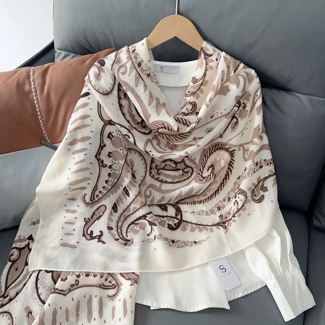 Brown White Mehendi Printed Viscose Scarf