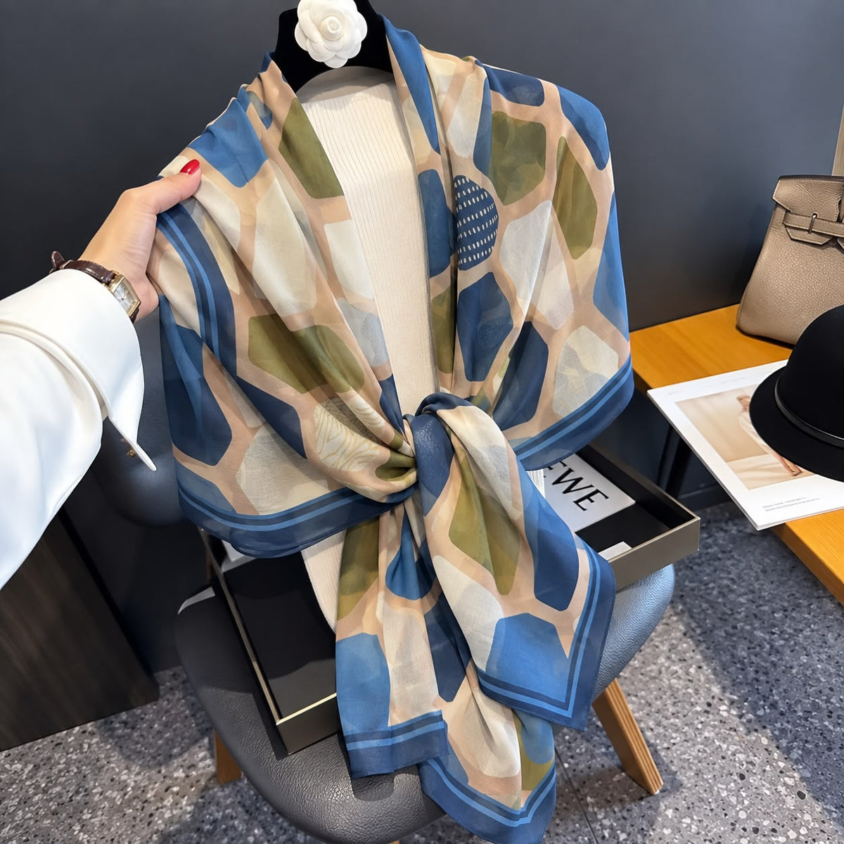 Blue Beige Comb Printed Viscose Scarf