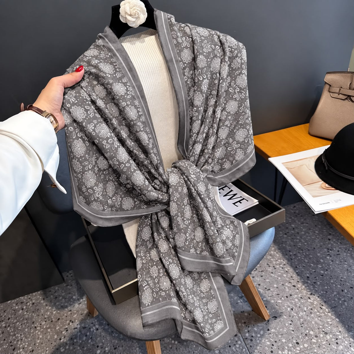 Hand Block Floral Grey Printed Viscose Scarf