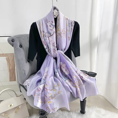 Lilac Flower Tree Printed Silk Scarf