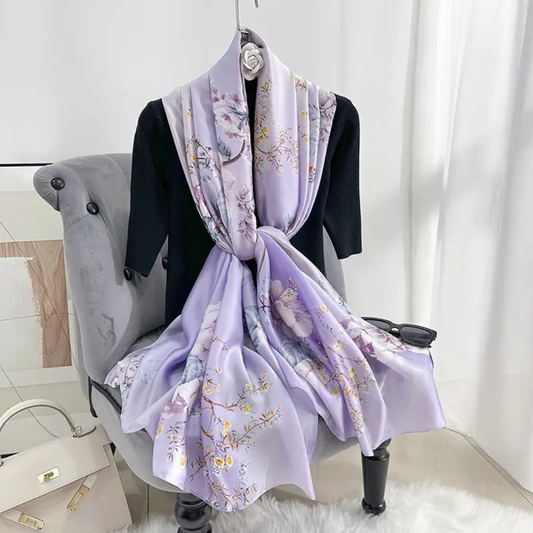Lilac Flower Tree Printed Silk Scarf