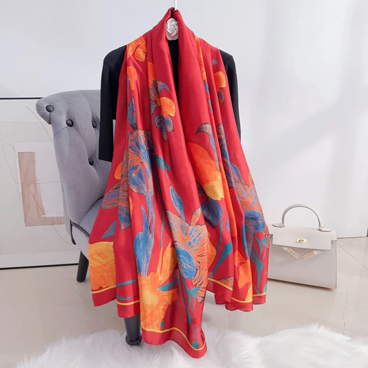 Red Painted Hibiscus Printed Silk Scarf