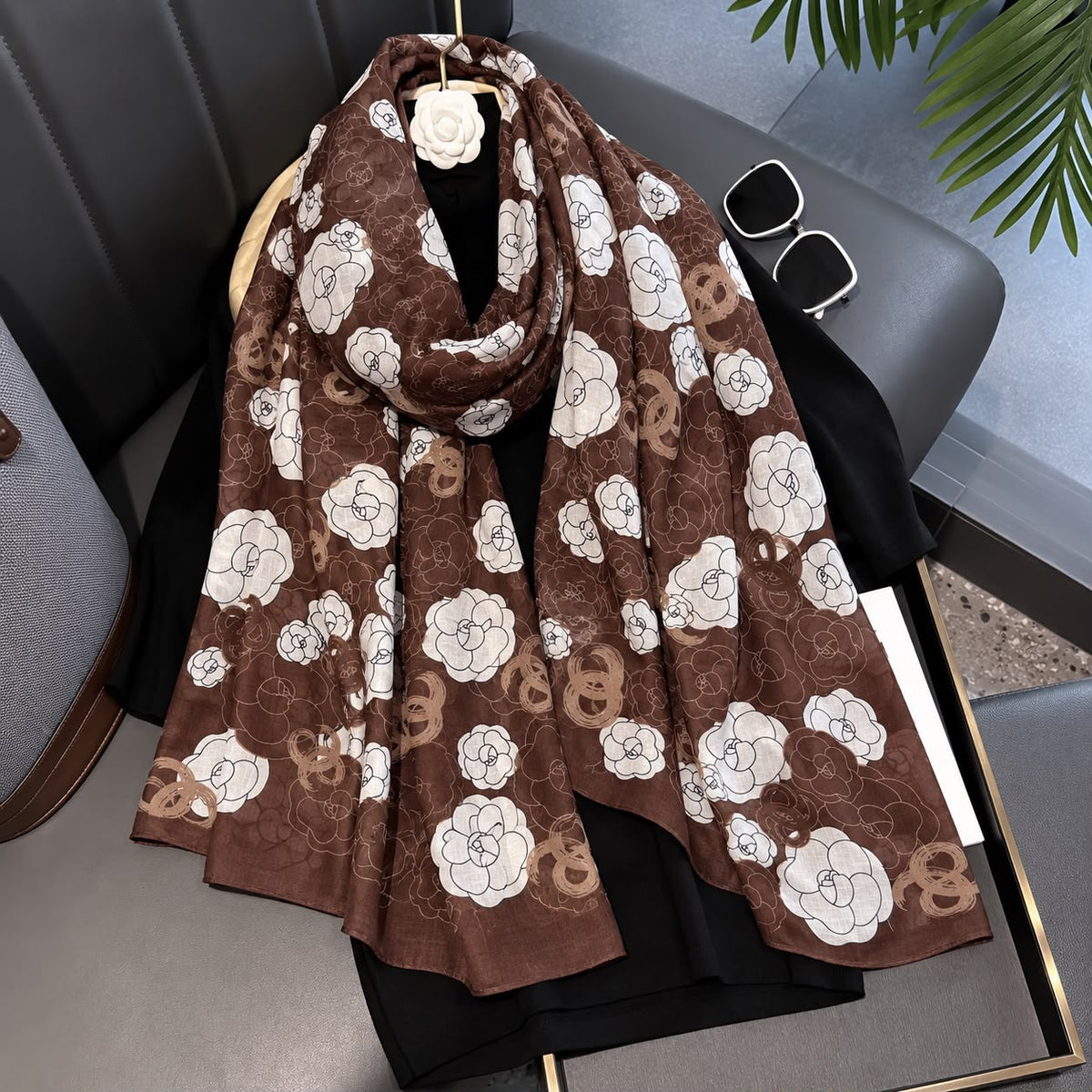 Brown White Rose Printed Viscose Scarf