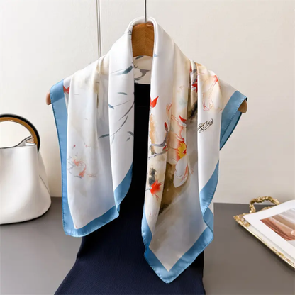 Blue Petal Bloom Print Silk Square Scarves 70 CM