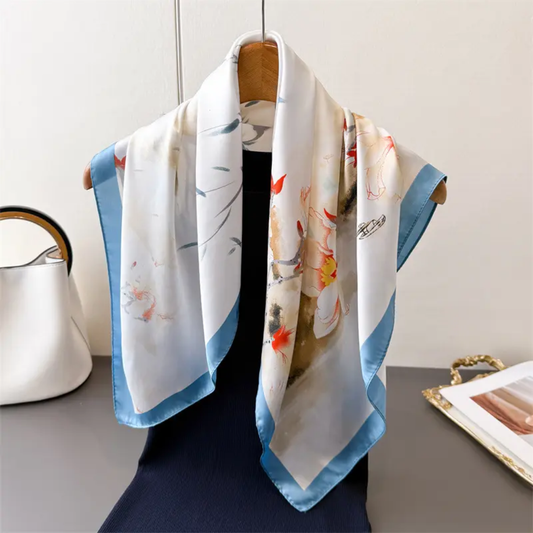 Blue Petal Bloom Print Silk Square Scarves 70 CM