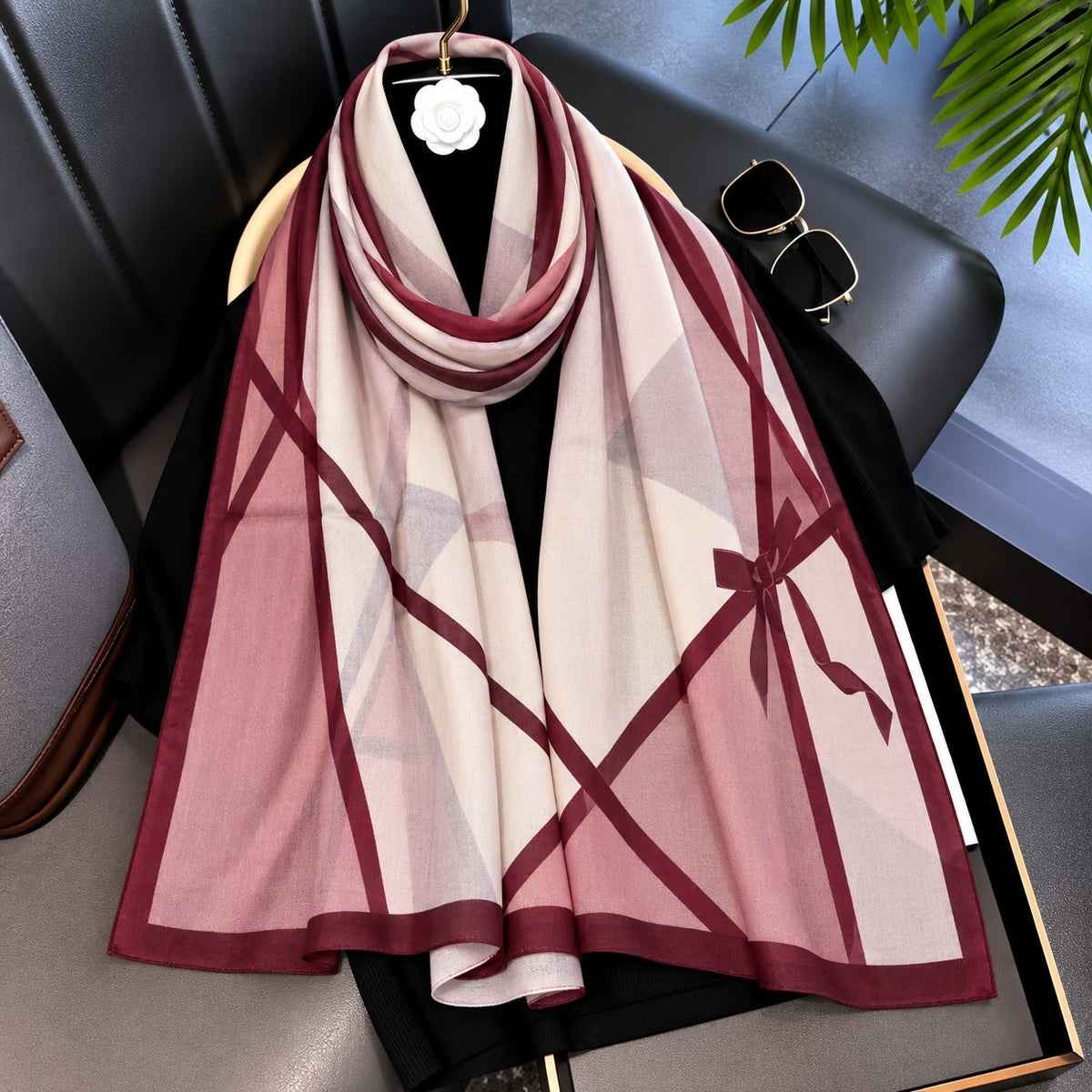 Pink Wine Bow Printed Viscose Scarf (