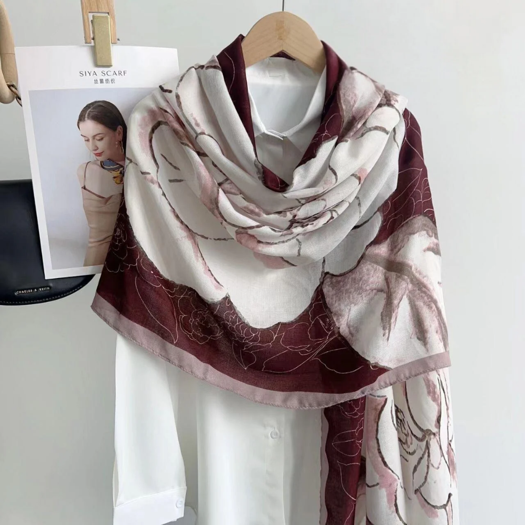 Wine Wild Flower Whispers Printed Viscose Scarf