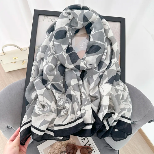 Black Rose Leaf Printed Viscose Scarf