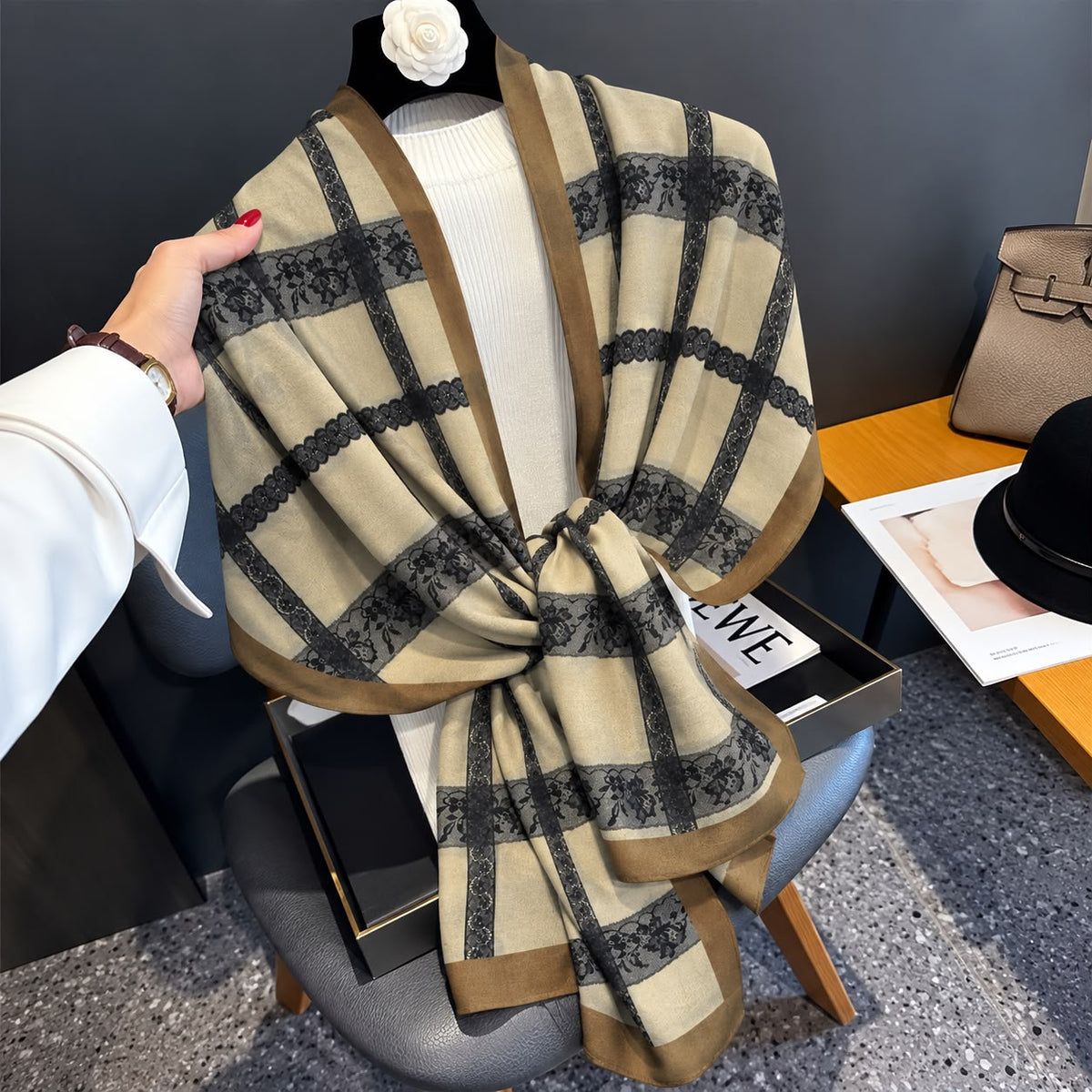 Lace Print Beige Printed Viscose Scarf