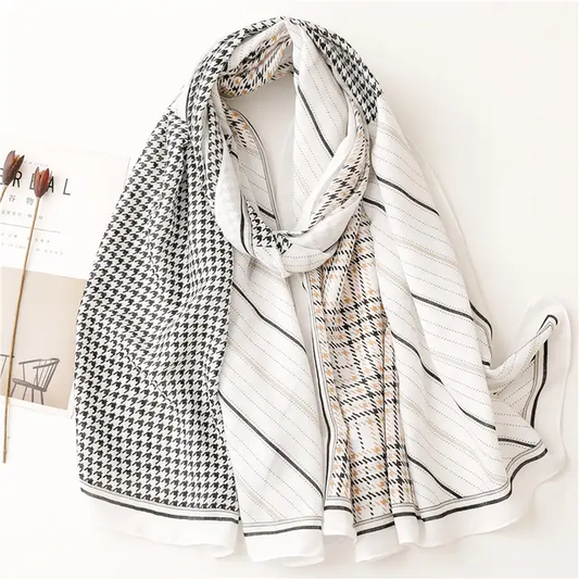 White Check Printed Viscose Scarf