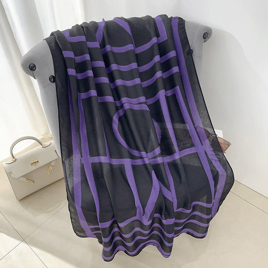 Purple Black Line Printed Winter Viscose Scarf