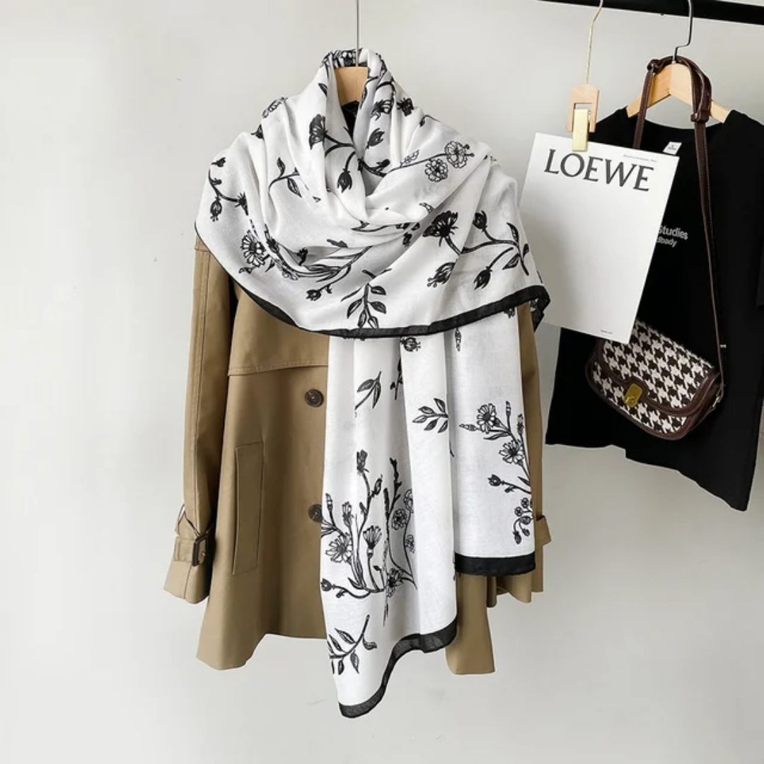 Black Cream Branch Printed Viscose Scarf