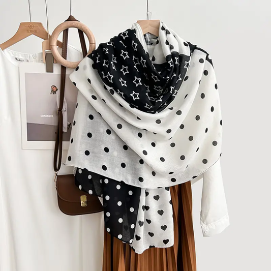 White Round Heart Printed Viscose Scarf