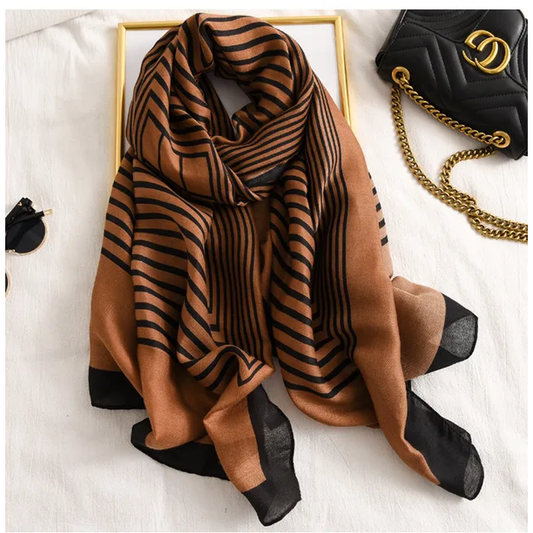 Brown Stiped Lines Printed Viscose Scarf