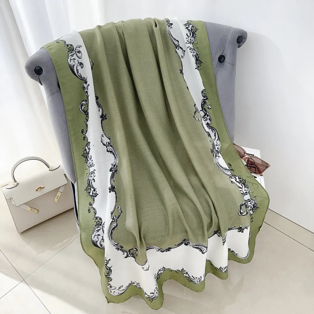 Green Motif Printed Viscose Scarf
