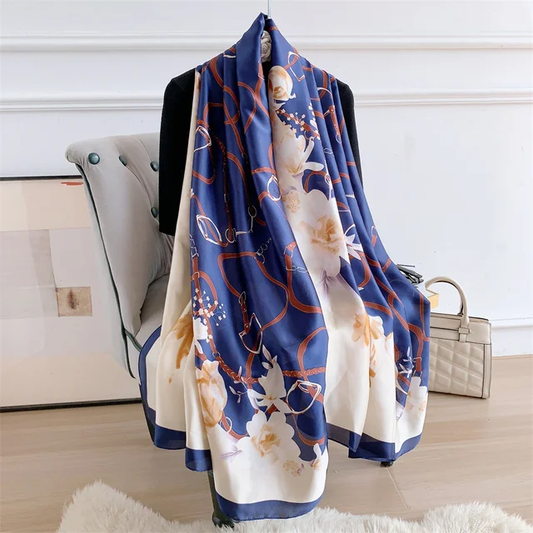 Blue Belt Flowers Printed Silk Scarf