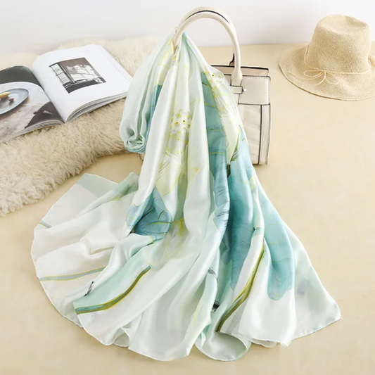 Light Teal Fish Printed Silk Scarf