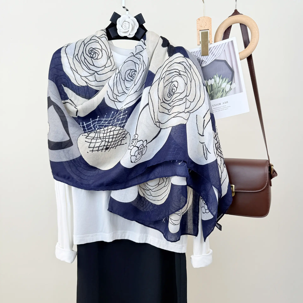 Blue Abstract Rose Printed Viscose Scarf
