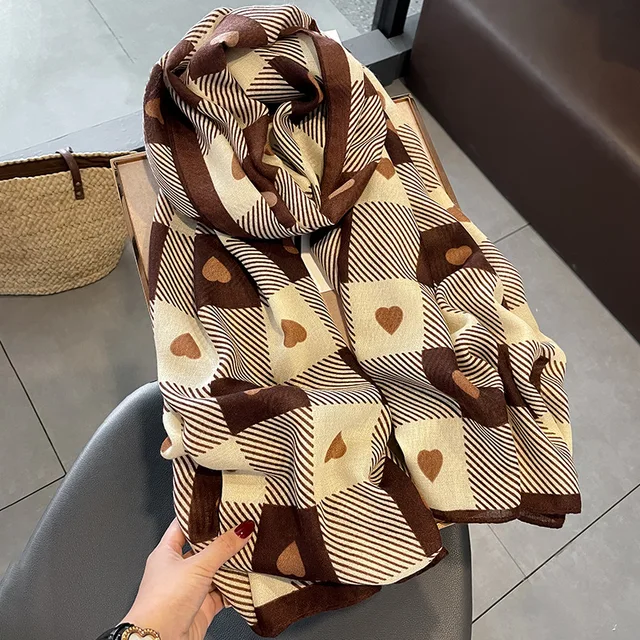 Brown Hearts Brand Print Viscose Scarf