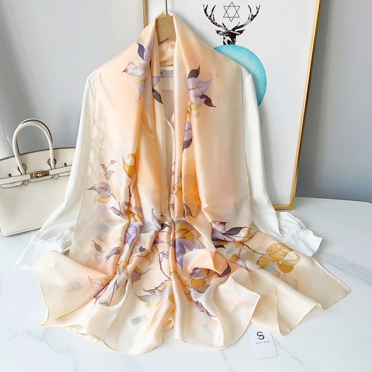 Spring Peach Printed Silk Scarf