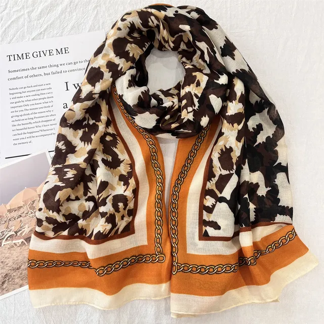 Brown Orange Chain Animal Printed Viscose Scarf