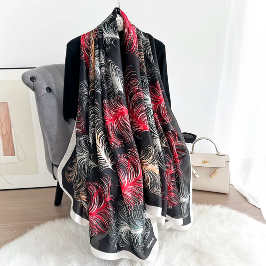 Ostrich Feather Black Maroon Printed Silk Scarf