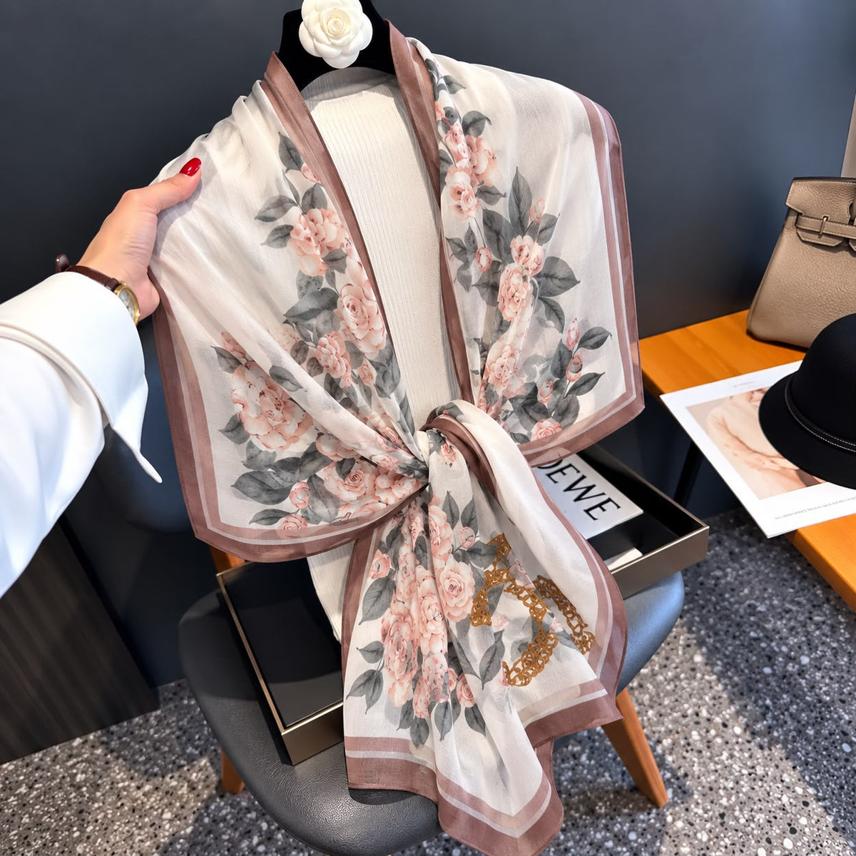 Peach Rose Bunch Printed Viscose Scarf