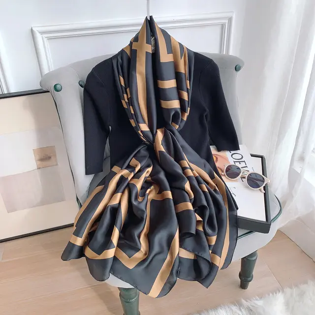 Black & Brown Stripes Printed Silk Scarf