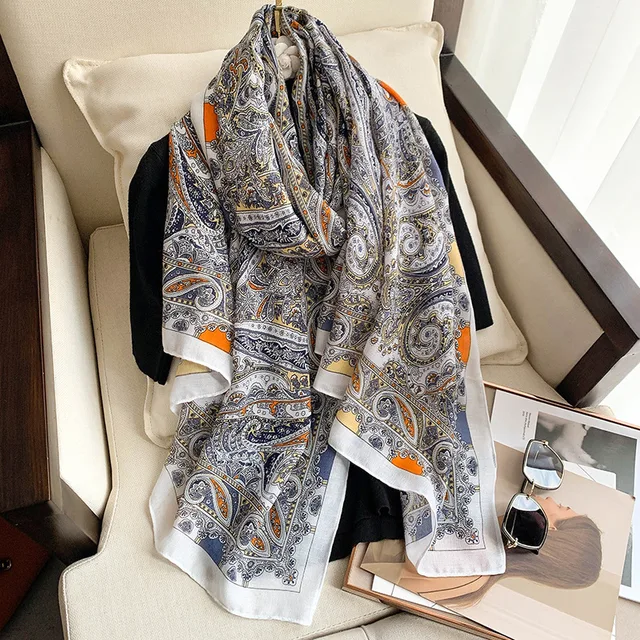 White Blue Mehendi Printed Viscose Scarf