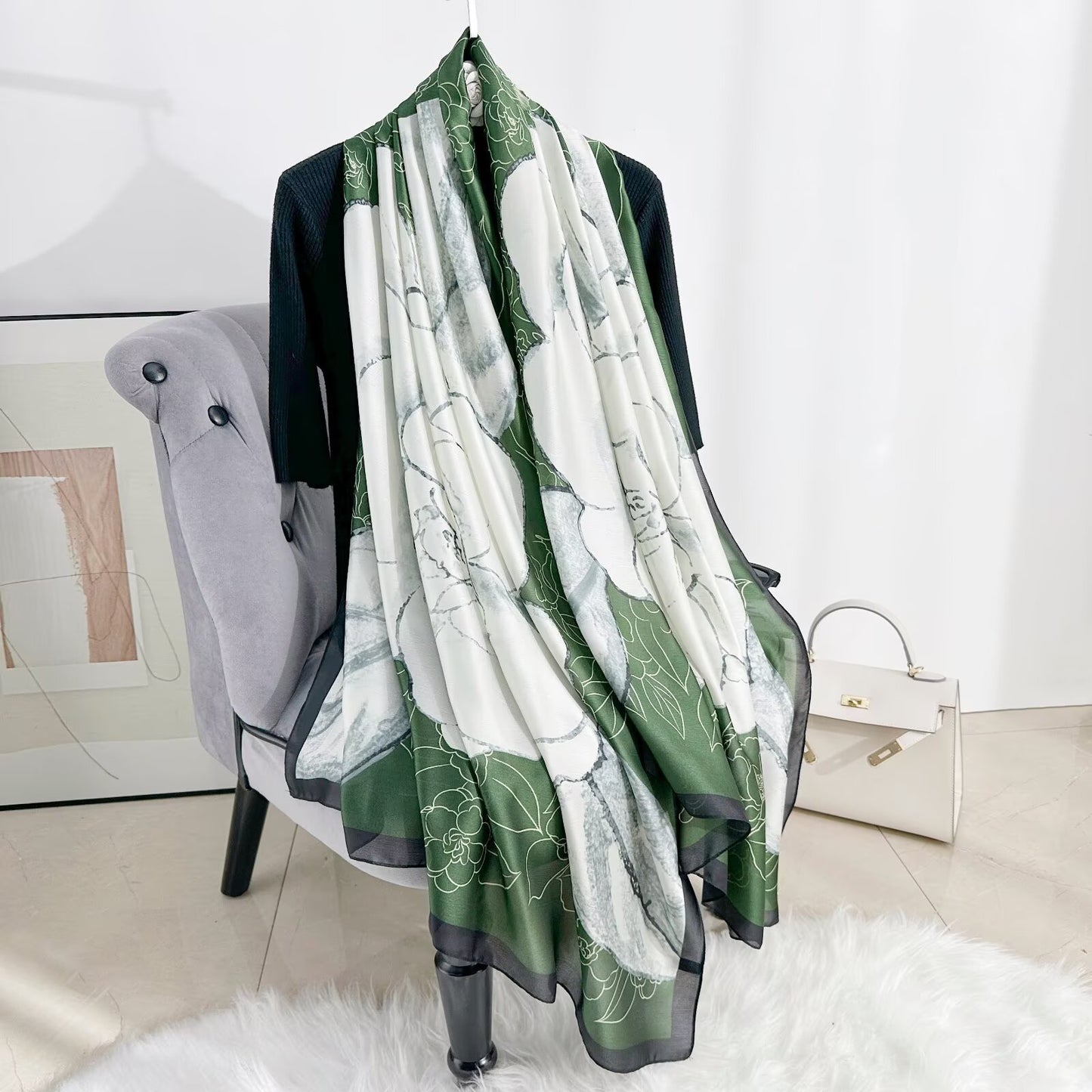 Green Petal Winter Printed Silk Scarf