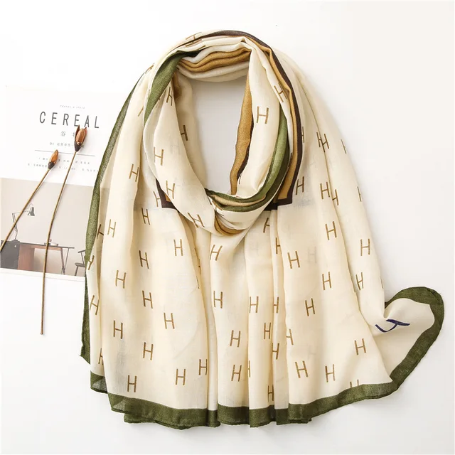 H Cream Printed Viscose Scarf