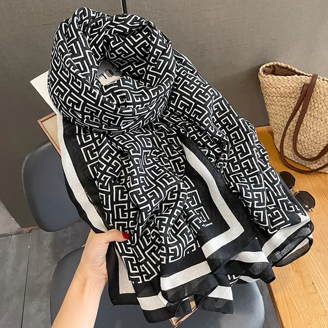 Black F White Lines Printed Viscose Scarf