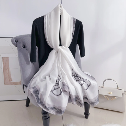 Faded White Blume Printed Silk Scarf