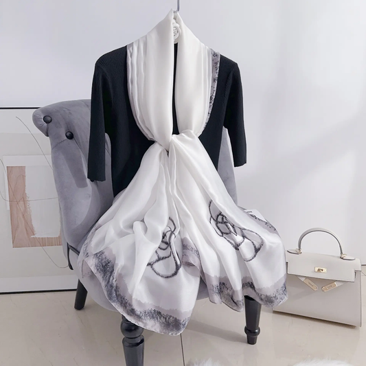 Faded White Blume Printed Silk Scarf