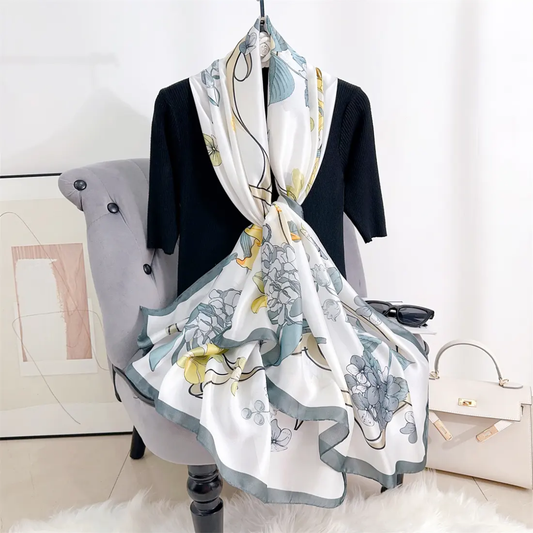 Teal Floral Drawing Printed Silk Scarf