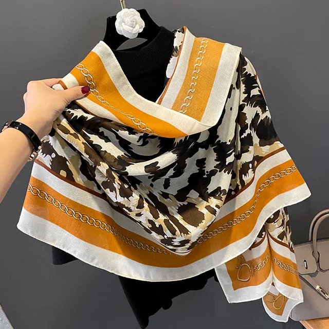 Brown Orange Chain Animal Printed Viscose Scarf